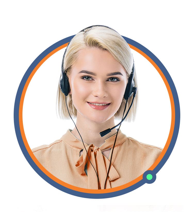 A white blonde smiling woman with green eyes and in an orange blouse with a headset, looking at the camera.